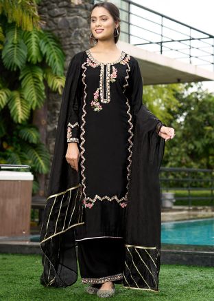 Black Embroidered Art Silk Readymade Palazzo Suit