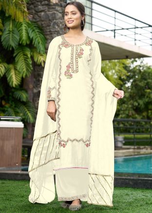 Cream Art Silk Readymade Palazzo Suit In Thread Embroidery