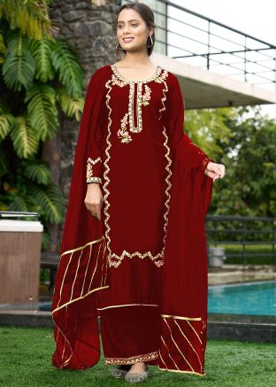 Maroon Embroidered Readymade Palazzo Suit In Art Silk