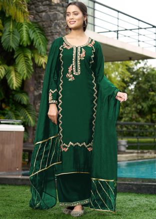 Green Embroidered Art Silk Readymade Palzzo Suit Set