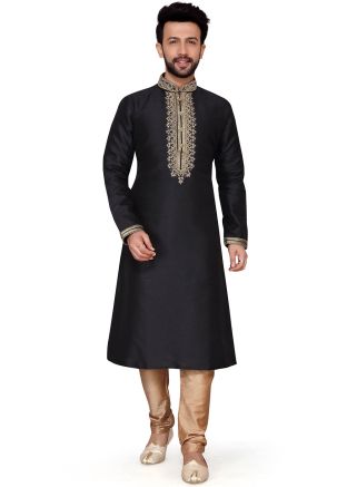 Black Embroidered Readymade Kurta With Churidar