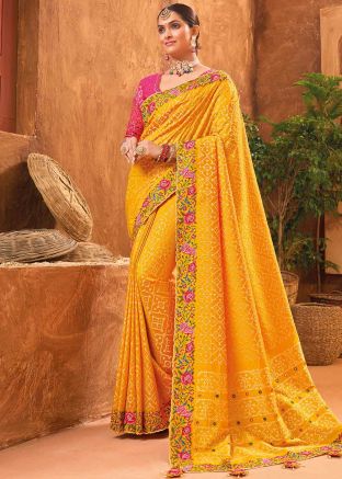 Mustard Yellow Embroidered Banarasi Silk Saree