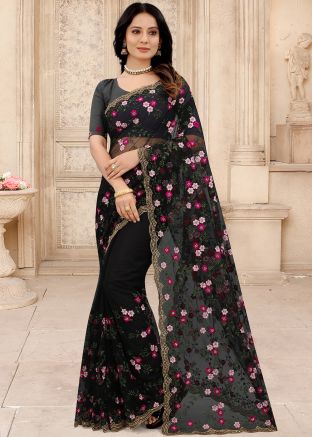Black Resham Embroidered Net Saree
