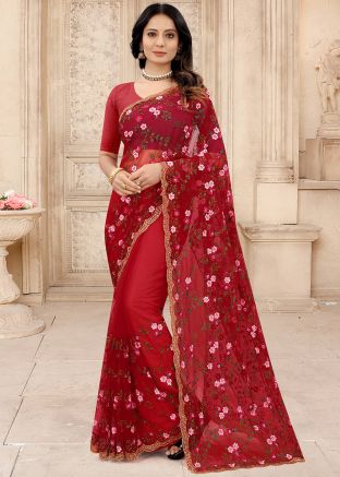 Red Resham Embroidered Saree In Net