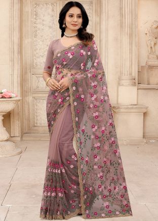 Mauve Pink Embroidered Net Saree