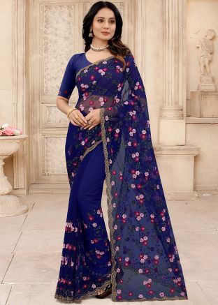 Navy Blue Embroidered Saree & Blouse