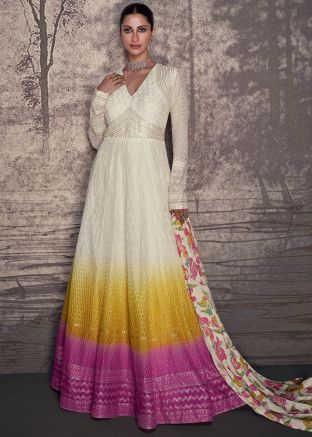 Readymade Off White Embroidered Anarkali Suit In Georgette