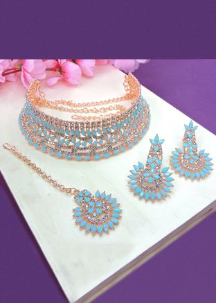 Sky Blue Stone Work Choker Necklace Set