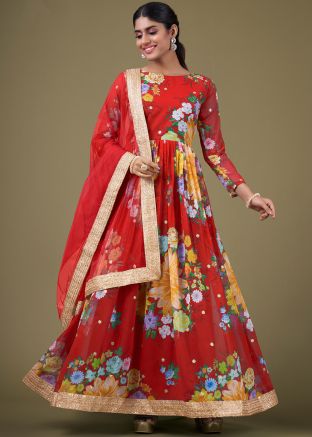 Red Floral Printed Anarkali Suit Set In Georgette