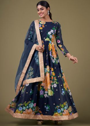 Navy Blue Georgette Anarkali Suit In Floral Print