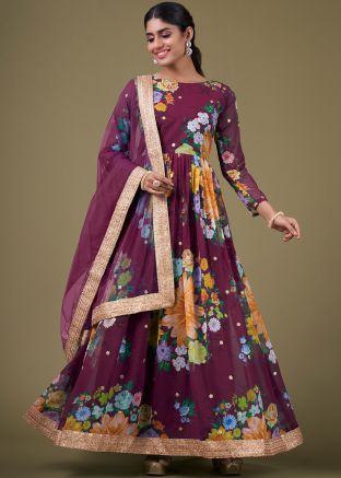 Wine Floral Print Anarkali Suit & Dupatta