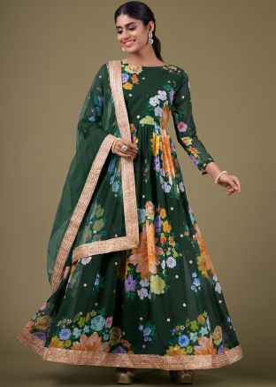 Dark Green Floral Printed Anarkali Suit In Georgette
