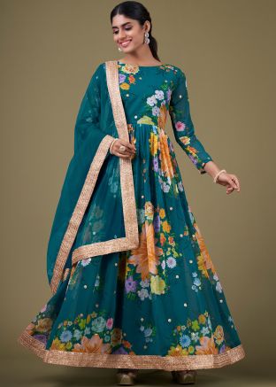 Teal Blue Georgette Anarkali Suit In Floral Print