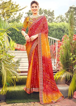 Yellow & Red Bandhej Print Saree