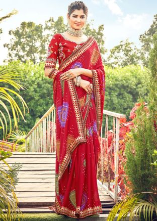 Red Bandhani Print Saree In Chiffon