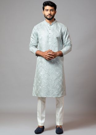 Readymade Light Blue Foil Work Kurta Pajama