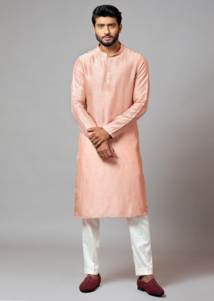 Light Peach Readymade Silk Kurta Pajama Set