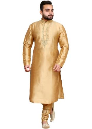 Golden Embroidered Dupion Silk Kurta With Churidar