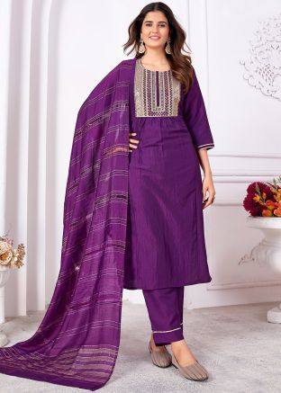 Purple Embroidered Readymade Art Silk Pant Suit Set