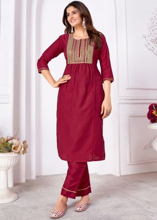 Cardinal Red Readymade Art Silk Embroidered Pant Suit