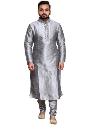 Grey Dupion Silk Readymade Kurta Churidar Set