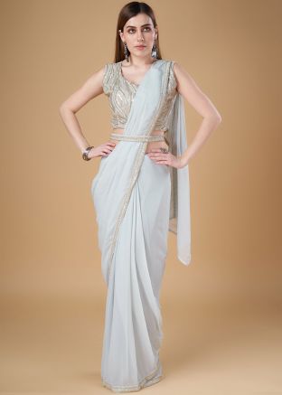 Blue Embroidered Saree In Georgette