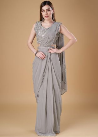 Grey Embroidered Saree In Georgette