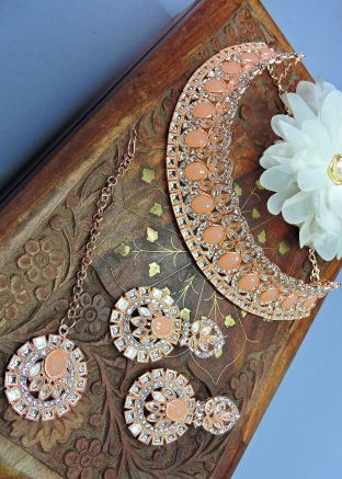 Peach Alloy Based Stone Studded Necklace Set