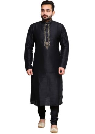 Readymade Black Embroidered Kurta With Churidar