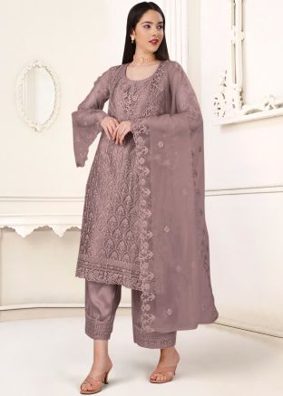 Purple Dori Embroidered Palazzo Suit In Net