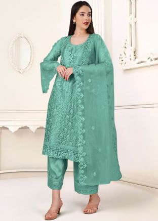 Green Embroidered Palazzo Suit In Net