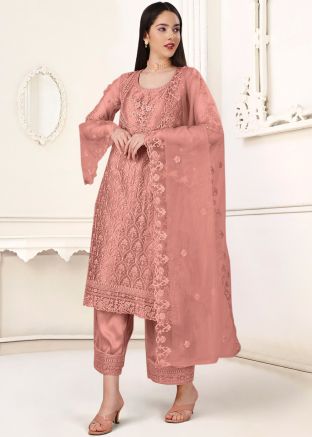 Peach Embroidered Palazzo Style Suit In Net