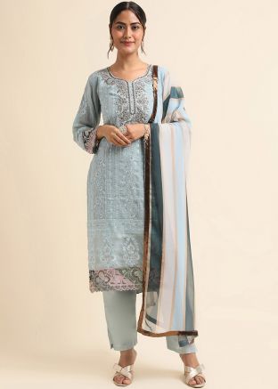 Blue Embroidered Pant Suit Set In Georgette