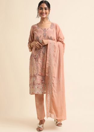 Peach Stone Work Suit Set In Georgette