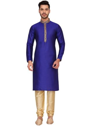 Readymade Blue Dupion Silk Kurta With Churidar