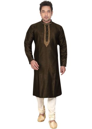 Brown Embroidered Readymade Kurta Churidar Set