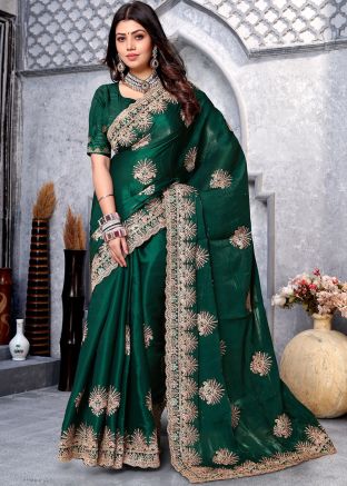 Green Thread Embroidered Saree In Crape