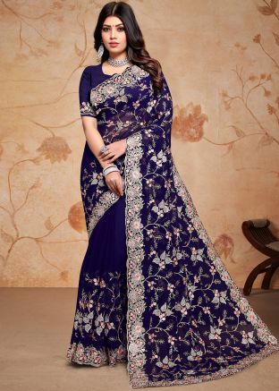 Blue Embroidered Saree In Georgette