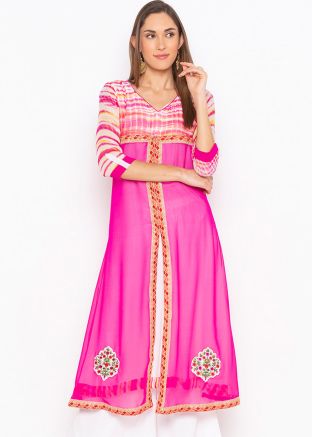 Pink and White Twin Layered Tie Dye Printed Long Kurta