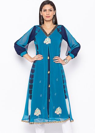 Blue Twin Layered Tie Dye Printed Paneled Long Kurta