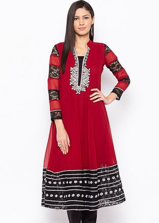 Maroon Embroidered Readymade Flared Long Kurta