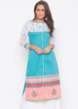 Readymade Turquoise Cotton Printed Border Long Kurta