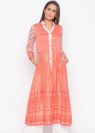 Orange Readymade Floral Printed Flared Long Kurta