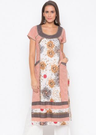 White and Peach Readymade Printed Paneled Long Kurta