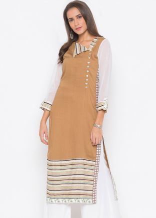 Beige Readymade Cotton Printed Border Long Kurta