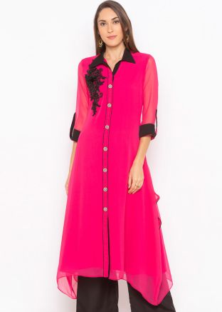 Pink Embroidered Asymmetric Readymade Long Kurta