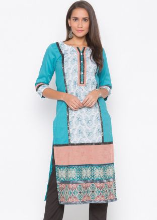 Turquoise and White Embroidered Paneled Long Kurta