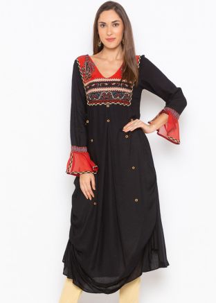 Black Bell Sleeved Asymmetric Printed Yoke Long Kurta