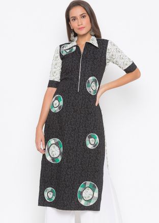 Black Printed Cotton Readymade Collared Long Kurta