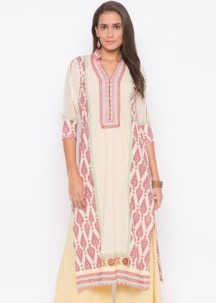 Readymade Cream Cotton Printed Paneled Long Kurta